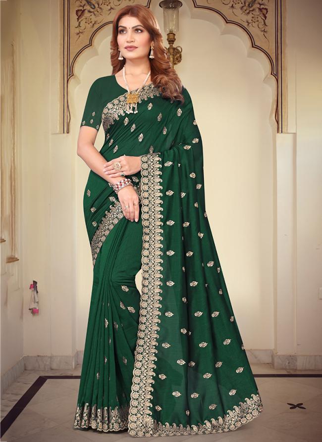 Vichitra Blooming Bottle Green Wedding Wear Embroidery Work Saree